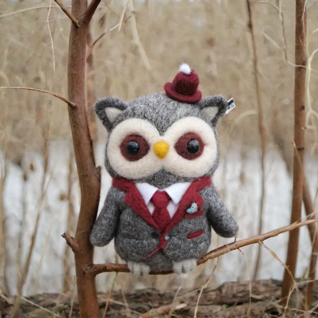 Prompt: cute owl in a suit as a wool felt doll