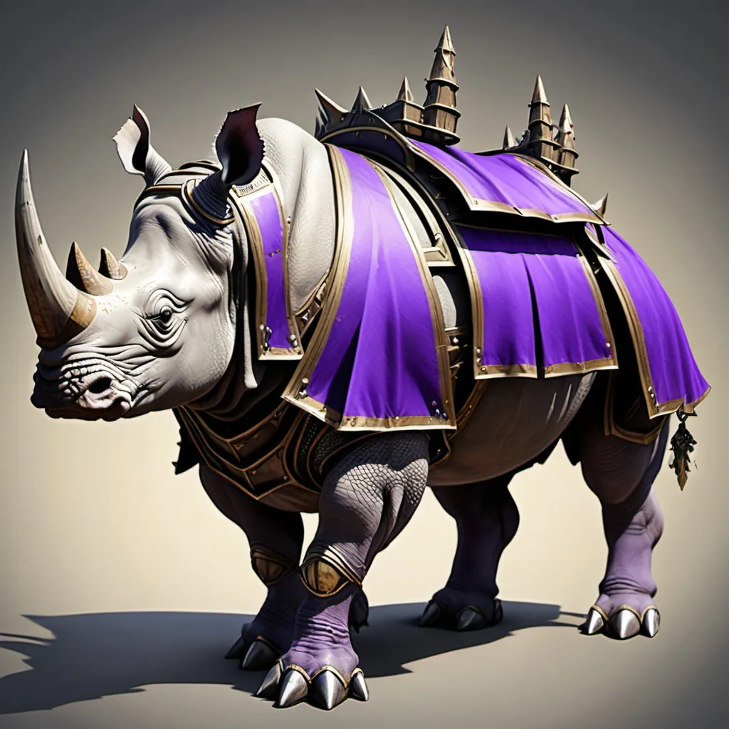 Prompt: a rhinoceros mount with purple banners and full plate armor