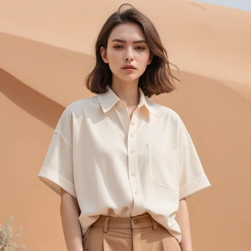 Prompt: Design cream free size shirt that be minimal and tomboy style.design concept is desert. Shirt has cute  creative collar model. Color Pallet Use to pastel colors . Back ground be white. . Design creative shirt