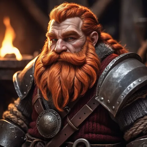 Prompt: Stout dwarf with a thick, braided red beard, blacksmith, fantasy, detailed beard, rugged appearance, intense gaze, high quality, dwarven, fantasy, fiery tones, warm lighting, blacksmith tools, atmospheric lighting