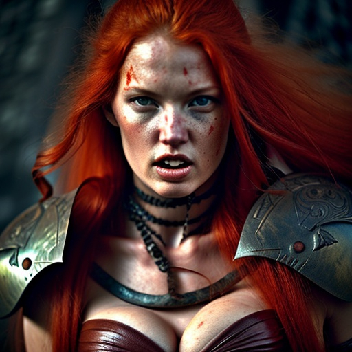 Prompt: Tall barbarian woman in battle, long flowing red hair, detailed facial features, battle-worn armor revealing cleavage, high-quality, realistic, fantasy, intense lighting, fierce expression, warrior, dramatic composition full body image.  hold sword
