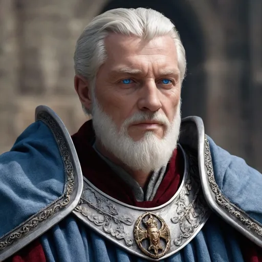 Prompt: King Lucius Tullius II is a robust and healthy man despite being in his sixties. His silver hair, neatly groomed and cascading down to his shoulders, adds an air of regality to his presence. With a well-maintained salt-and-pepper beard framing a strong jawline, King Lucius exudes both wisdom and authority. His steely blue eyes, though marked by the passage of time, retain a sharp and discerning gaze that misses little within his realm.