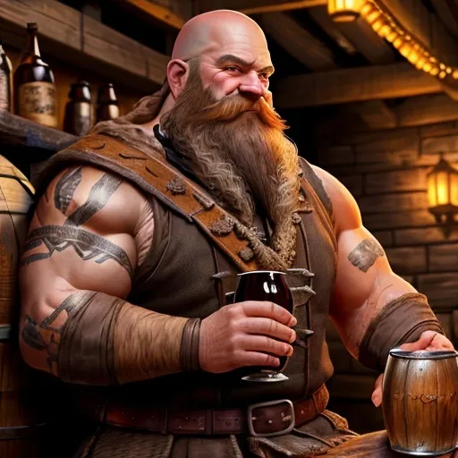 Prompt: Dwarven man enjoying ale, bald with long beard, rustic setting, high quality, realistic, detailed textures, warm earthy tones, atmospheric lighting, barrel seating, cozy tavern atmosphere, detailed facial features, beard draped over shoulder, aged wooden barrel, rich and warm color palette, detailed clothing and accessories, realistic fantasy, traditional fantasy setting