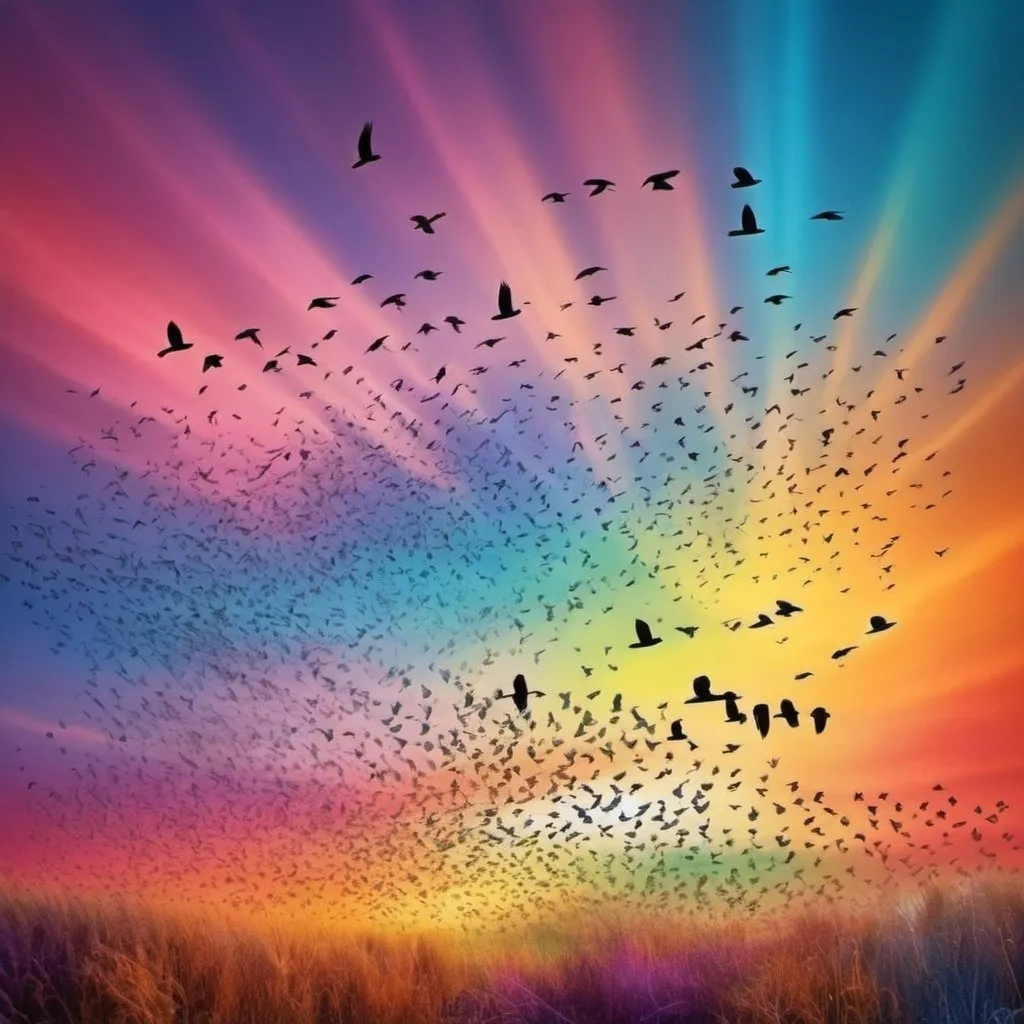 Prompt: flock of birds in a colorful magic mysterious picture the makes a happy impression
