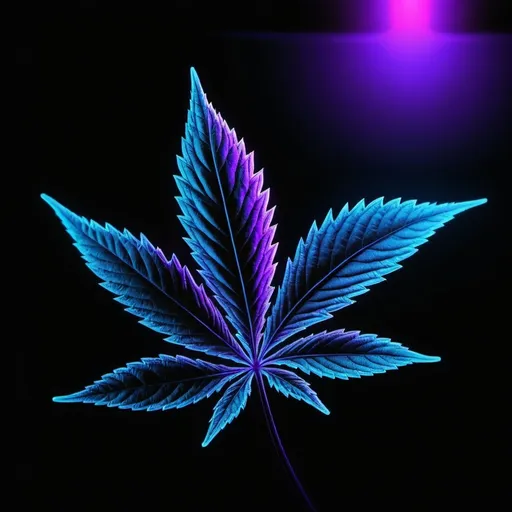 Prompt: New style weed leaf. Purple, blue neon in future retro style. Background is a deep black room. One other picture, all same but a weed bud