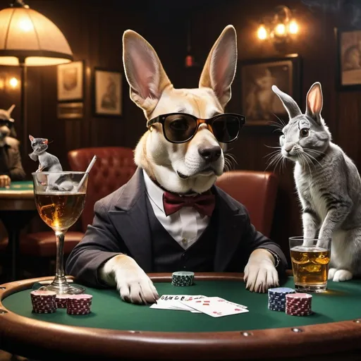 Prompt: Cool Dog with sunglases smokes blunt on a poker table with rabbit, cat other dog and a fish in glas new york  30s al capon cozy italian gangster style and in the pub