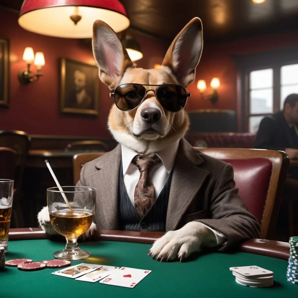 Prompt: Cool Dog with sunglases smokes blunt on a poker table with rabbit, cat other dog and a fish in glas new york  30s al capon cozy italian gangster style and in the pub