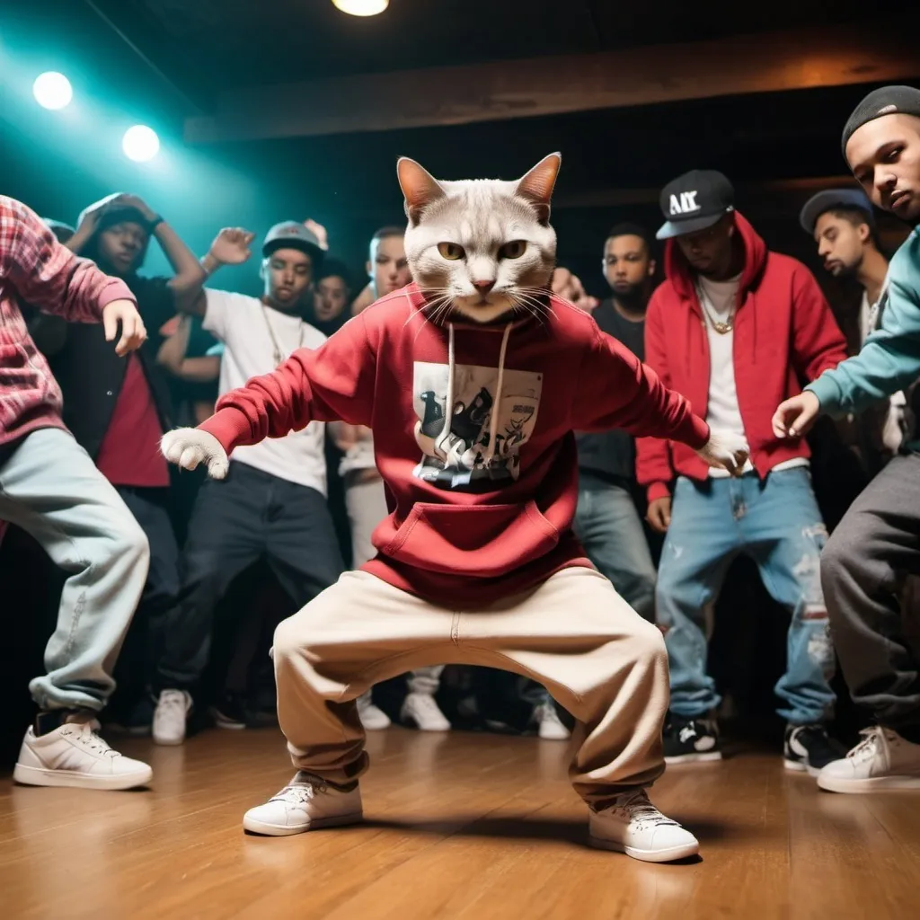 Prompt: Cat is doing breakdance with hip hop style amd clothes. In the club in the middle of a crowd