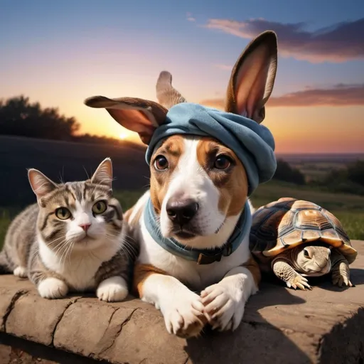 Prompt: Dog, rabbit, cat and turtel lying on a sunset looking at the sky. Everything in realistic but cool clothes for the animals. Thank you