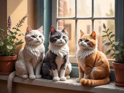 Prompt: (three cats on a window), small cozy room, warm muted colors, playful atmosphere, each cat representing different heroic characters, detailed expressions, windowsill lined with plants and sunlight streaming in, whimsical decor hints at adventures, high quality, ultra-detailed, soft shadows accentuate their vibrant fur, capturing a moment of shared anticipation.