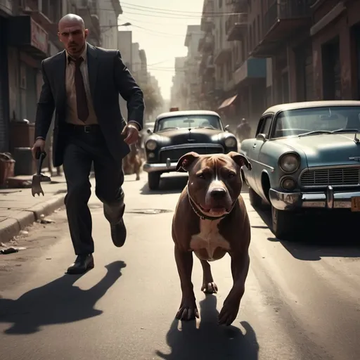 Prompt: The pitbull dog following one man in
 Street a vintage car passing that way

Four mens attacking that man with tools