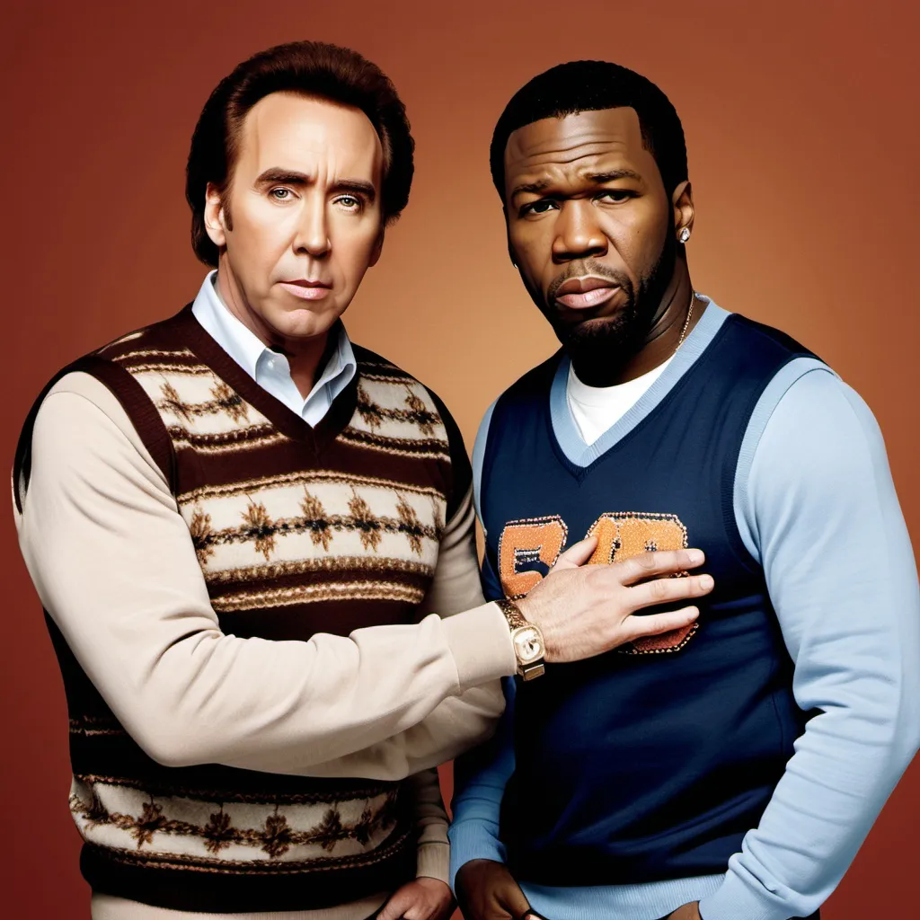 Prompt: Nicholas Cage and 50 Cent: a poster of two men in sweaters and vests, one with his arm around the other's shoulder. Step Brothers.