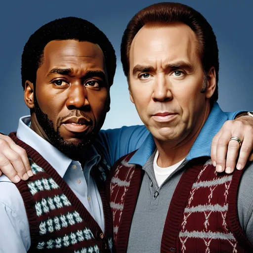 Prompt: Nicholas Cage and 50 Cent: a poster of two men in sweaters and vests, one with his arm around the other's shoulder. Step Brothers.