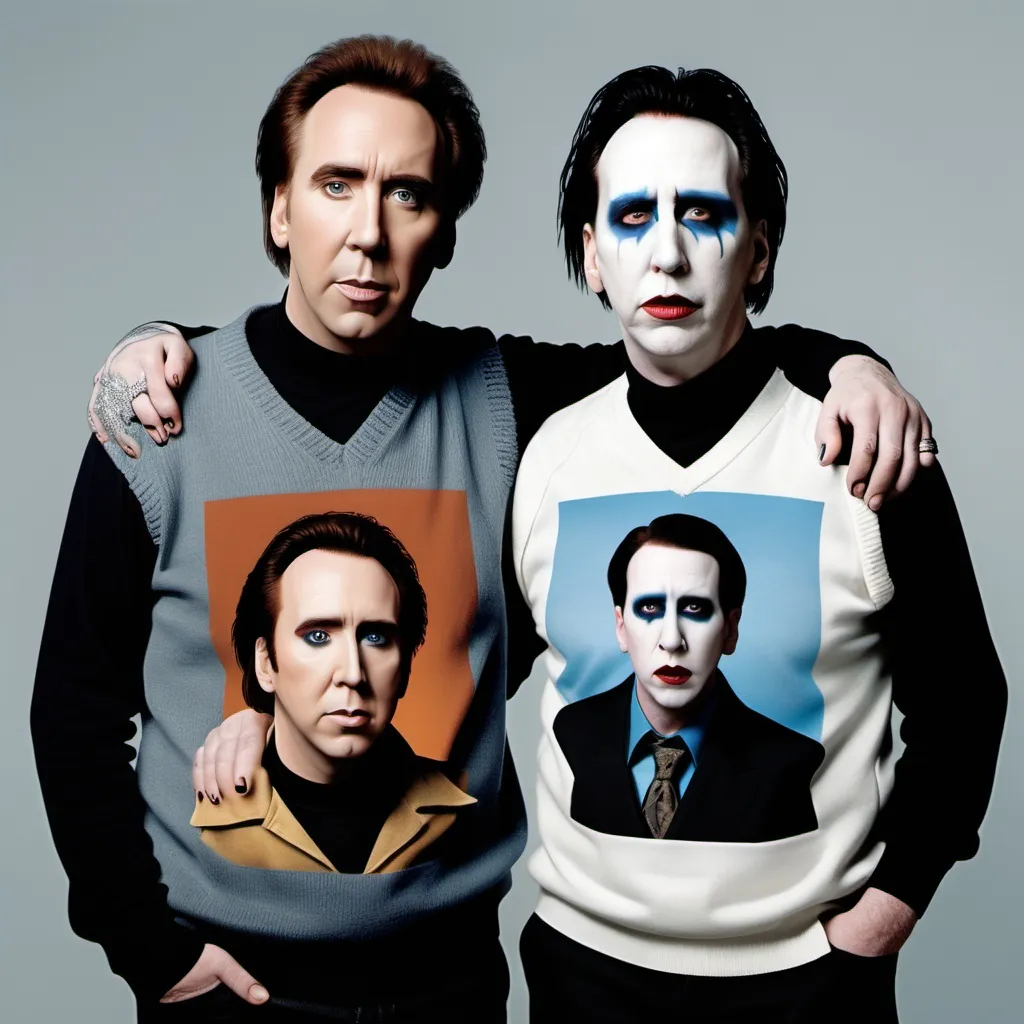 Prompt: Nicholas Cage and Marilyn Manson, a poster of two men in sweaters and vests, one with his arm around the other's shoulder. Step Brothers.