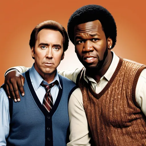 Prompt: Nicholas Cage and 50 Cent: a poster of two men in sweaters and vests, one with his arm around the other's shoulder. Step Brothers.