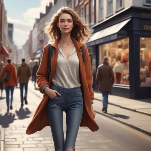 Prompt: Tall young woman walking down the high street, detailed clothing, realistic, natural lighting