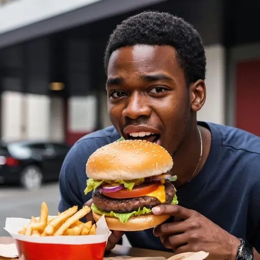 Prompt: a young black man who eat a burger with  appetite