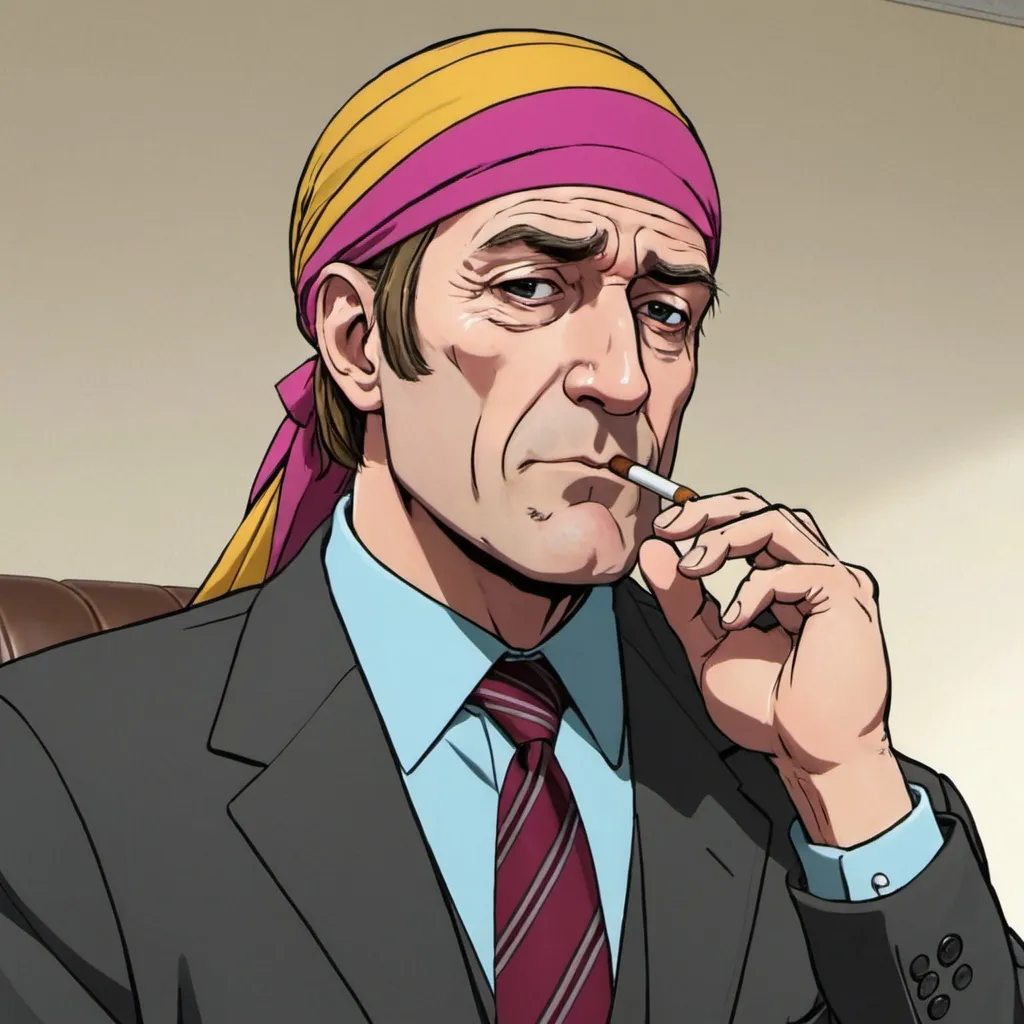 Prompt: anime saul goodman smoking a cigar with a durag