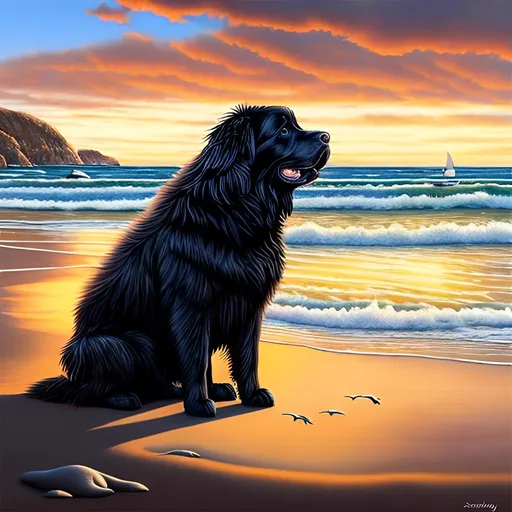 Prompt: Newfoundland dog on beach at sunset, realistic oil painting, tranquil ocean view, detailed fur with warm reflections, calm and peaceful expression, sandy shores, colorful sunset sky, high quality, realistic, warm tones, detailed scenery, professional, natural lighting