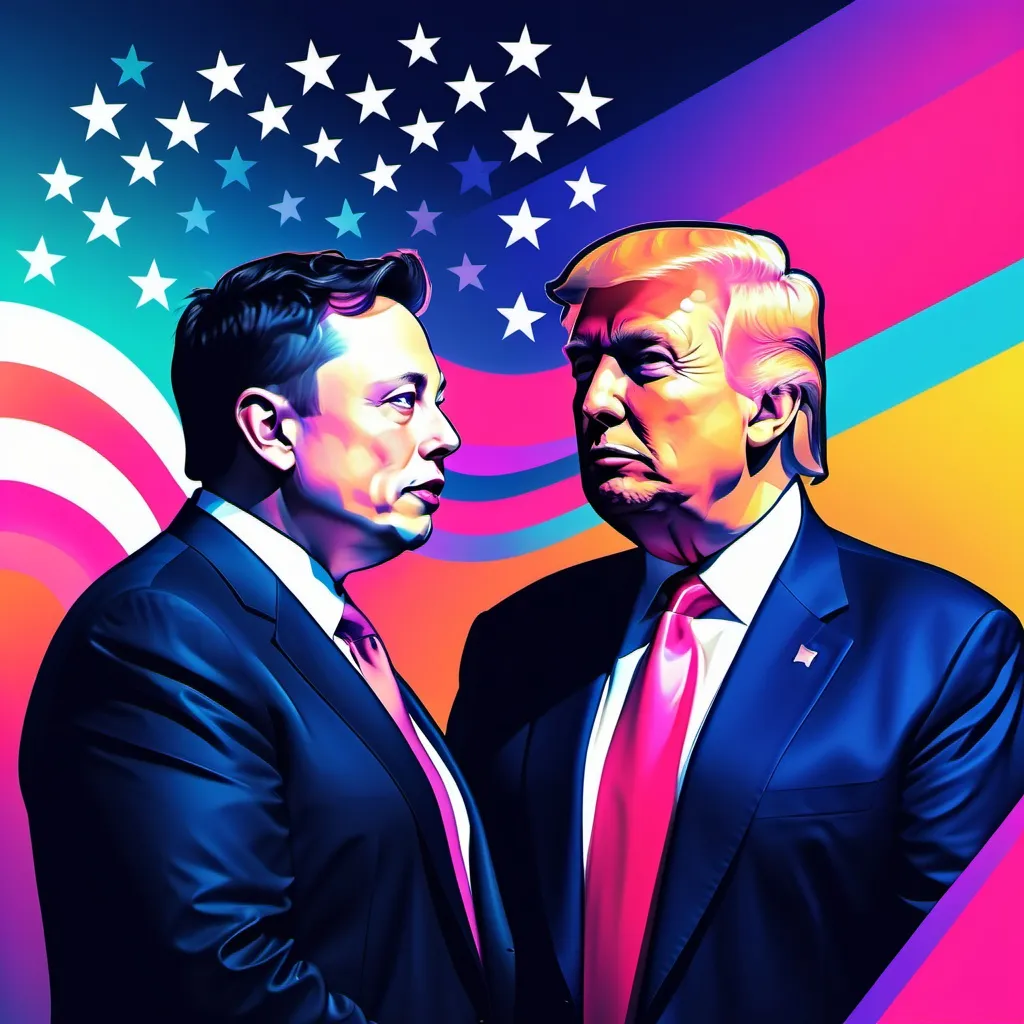 Prompt: Elon musk and Donald trump,Abstract illustration colorful shapes, neon realism style, layered, soft rounded forms, subtle gradients, bold patterns, UnitedStates flag,