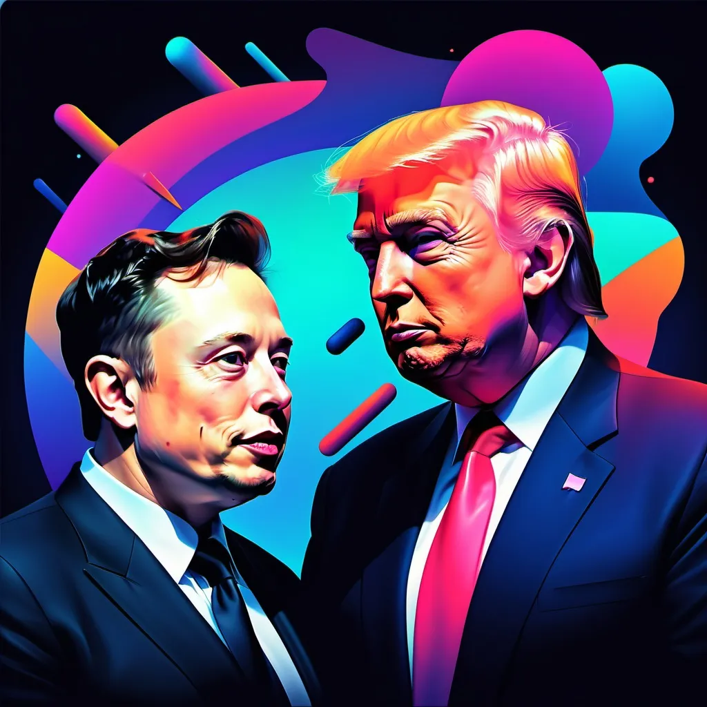 Prompt: Elon musk and Donald trump,Abstract illustration colorful shapes, neon realism style, layered, soft rounded forms, subtle gradients, bold patterns