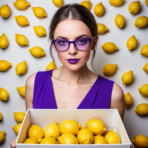 Prompt: a woman in a purple dress and glasses posing for a picture with lemons in the background and a white box behind her, Aramenta Dianthe Vail, private press, promotional image, a stock photo