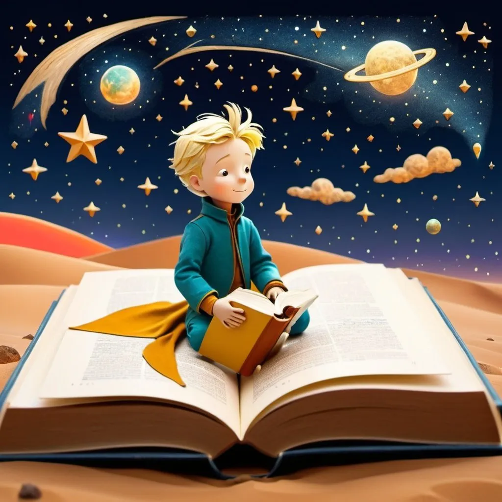 Prompt: generates a dream illustration of the little prince traveling starry sky of the Atacama desert on a book as if it were an airplane