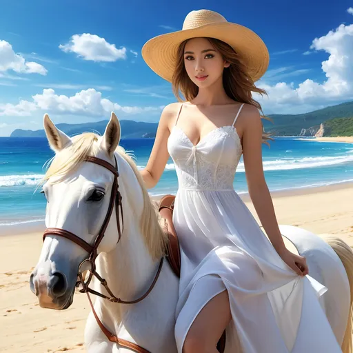 Prompt: masterpiece, SFW, 1 girl, riding a horse, on the beach, photorealistic, holding straw hat, long white dress, detailed eyes, 