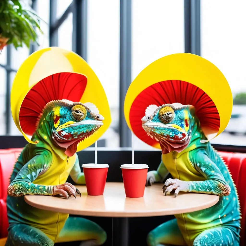 Prompt: two Chameleon females, in futuristic beach cloches with yellow and red scales, sitting in the coffee shop and eating flowers, 