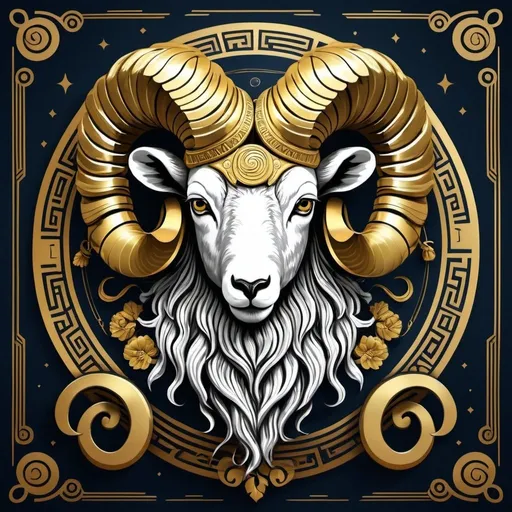 Prompt: SFW, An illustration inspired by the mythological roots of Aries, such as the Golden Fleece or the story of the ram from Greek mythology. This can be a more artistic and detailed design