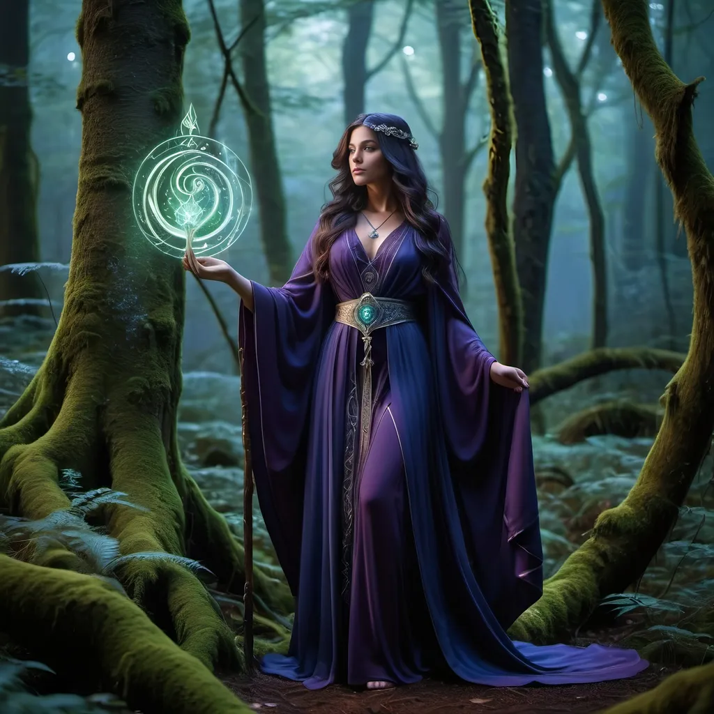 Prompt: Visualize a female sorcerer standing confidently in a misty, enchanted forest at twilight. She wears a flowing robe of deep violet and midnight blue, adorned with silver runes that shimmer with magical energy. Her long, dark hair cascades over her shoulders, mingled with strands of silver that reflect the moonlight. In one hand, she holds an ornate staff topped with a glowing crystal that casts a soft light around her. Her other hand is raised, fingers splayed as if she’s casting a spell, with ethereal wisps of blue and green magic swirling around her fingertips. The background is dense with ancient, towering trees, their trunks covered in glowing moss and mysterious symbols. The atmosphere is charged with a sense of power and mystique, highlighting her role as a guardian of ancient magical secrets