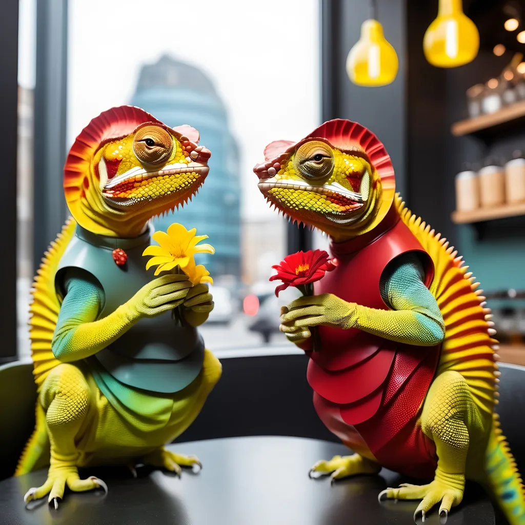 Prompt: two Chameleon people, in futuristic cloches yellow and red scales, sitting in the coffee shop and eating flowers, 