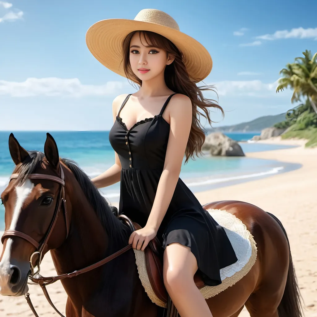 Prompt: masterpiece, SFW, 1 girl, riding a horse, on the beach, photorealistic, holding straw hat in the hand, black short dress, detailed eyes, looking on the viewer, full body,