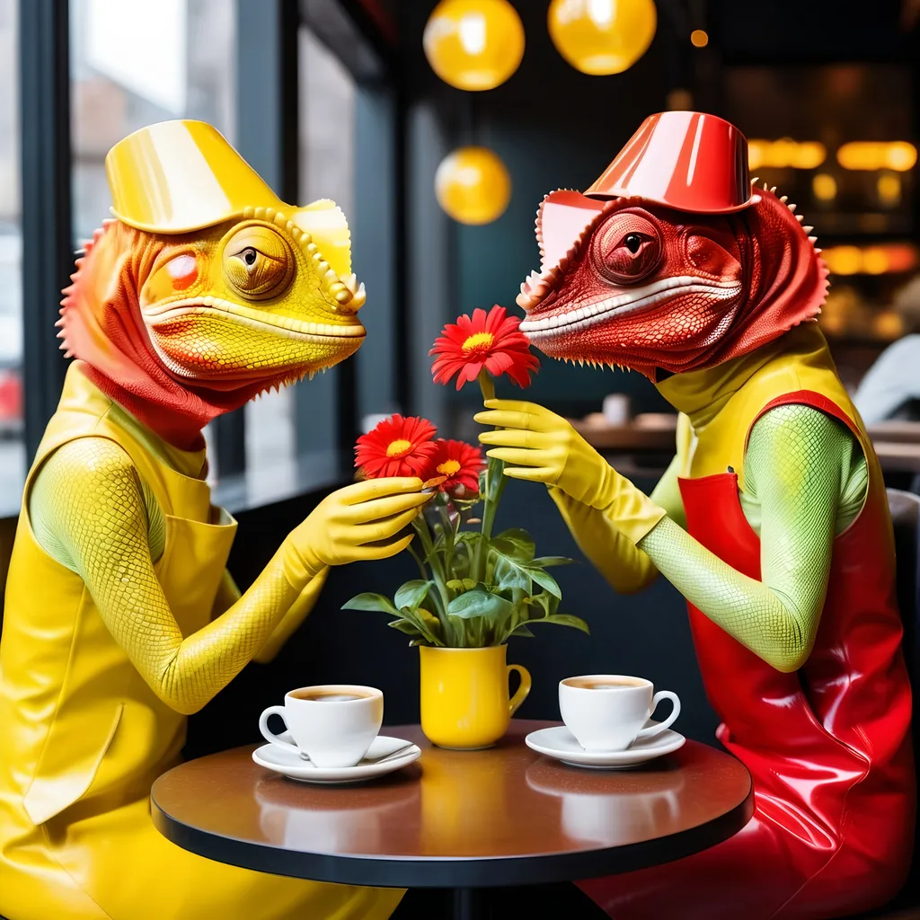 Prompt: two Chameleon people, in futuristic cloches yellow and red scales, sitting in the coffee shop and eating flowers, 