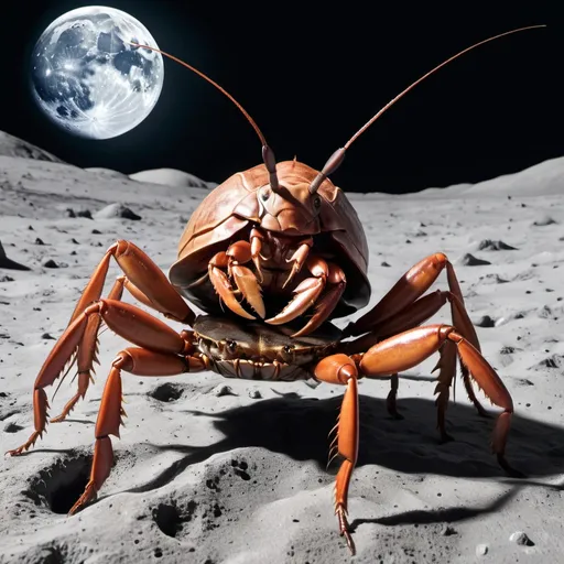 Prompt: Big cockroach riding  Gigant  crab on the Moon