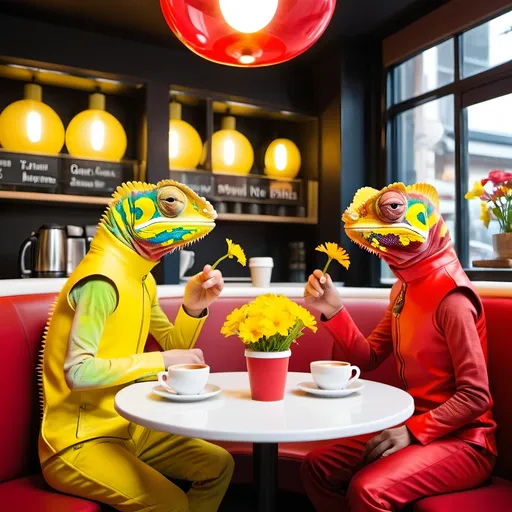 Prompt: two Chameleon people, in futuristic cloches yellow and red, sitting in the coffee shop and eating flowers, 