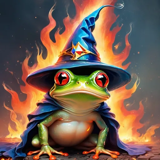 Prompt: Frog wearing a wizard hat, Picasso style,Phoenix rises from the ashes