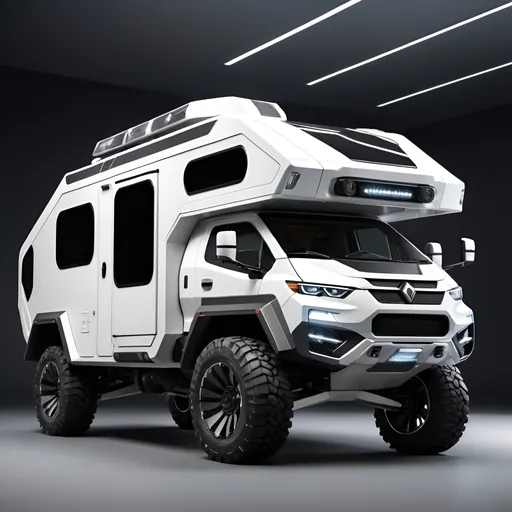Prompt: Futuristic, all-terrain camper truck with massive wheels, large glass panels, high-tech, detailed interior, professional 3D rendering, ultra-detailed, futuristic, all-terrain, massive wheels, large glass panels, high-tech, spacious interior, professional, realistic lighting