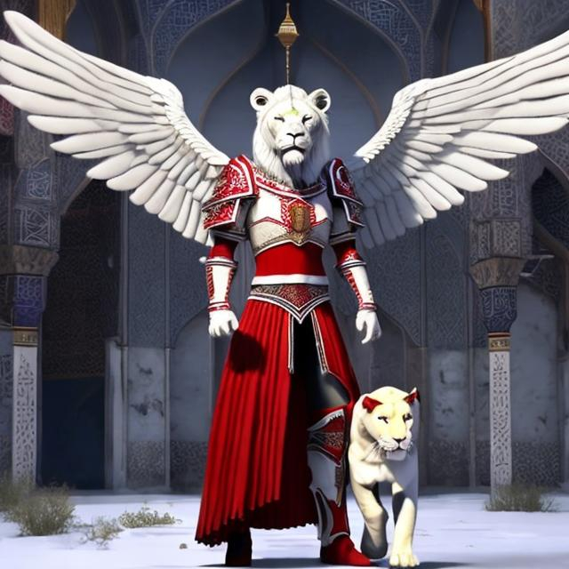 Prompt: a gorgeous white lion with full red winged armor defending a mosque  in stable diffusion