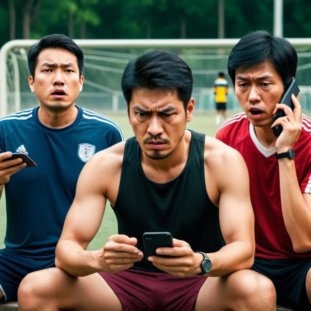 Prompt: Medium close-up scene, a man sits on the bench of a soccer field, being annoyed by two Asians as the man plays free-fire games on his cell phone with sweat. then there are increasing graphic statistics.