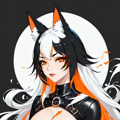 Prompt: Black and white fox anthro furry, leather harness, domme, feminine, orange eyes, eyeliner,  graphic eyeliner, orange eyeshadow, blush, orange markings, illustration, painting, drawing, art, sketch, portrait, animal, in the style of the Netflix original Brand New Animal, character design similar to beastars, anthropomorphic fox