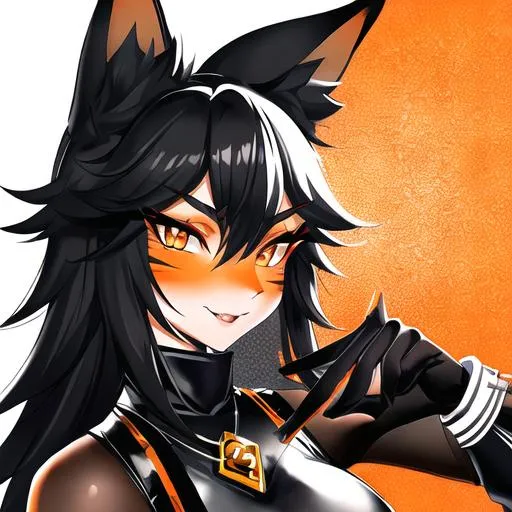 Prompt: Black and white fox anthro furry, leather harness, domme, feminine, orange eyes, eyeliner,  graphic eyeliner, orange eyeshadow, blush, orange markings, illustration, painting, drawing, art, sketch, portrait, animal, in the style of the Netflix original Brand New Animal, character design similar to beastars, anthropomorphic fox