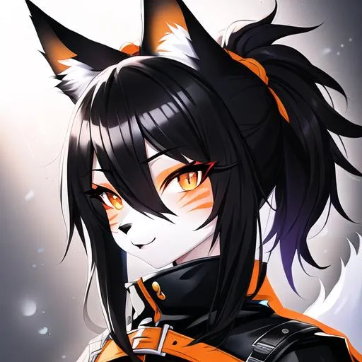 Prompt: Black and white fox anthro furry, leather harness, domme, feminine, orange eyes, eyeliner,  graphic eyeliner, orange eyeshadow, blush, orange markings, illustration, painting, drawing, art, sketch, portrait, animal, in the style of the Netflix original Brand New Animal, character design similar to beastars, anthropomorphic fox