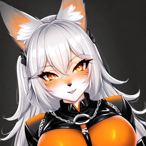 Prompt: Black and white fox anthro furry, leather harness, domme, feminine, orange eyes, eyeliner,  graphic eyeliner, orange eyeshadow, blush, orange markings, illustration, painting, drawing, art, sketch, portrait, animal, BNA