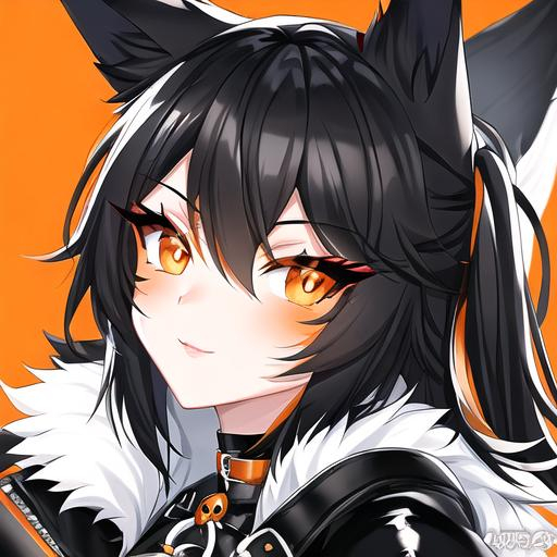 Prompt: Black and white fox anthro furry, leather harness, domme, feminine, orange eyes, eyeliner,  graphic eyeliner, orange eyeshadow, blush, orange markings, illustration, painting, drawing, art, sketch, portrait 