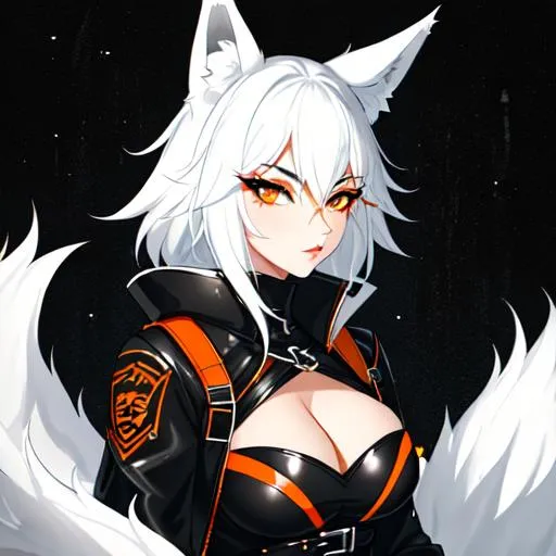 Prompt: Black and white fox anthro furry, leather harness, domme, feminine, orange eyes, eyeliner,  graphic eyeliner, orange eyeshadow, blush, orange markings, illustration, painting, drawing, art, sketch, portrait, animal, in the style of the Netflix original Brand New Animal, character design similar to beastars, anthropomorphic fox