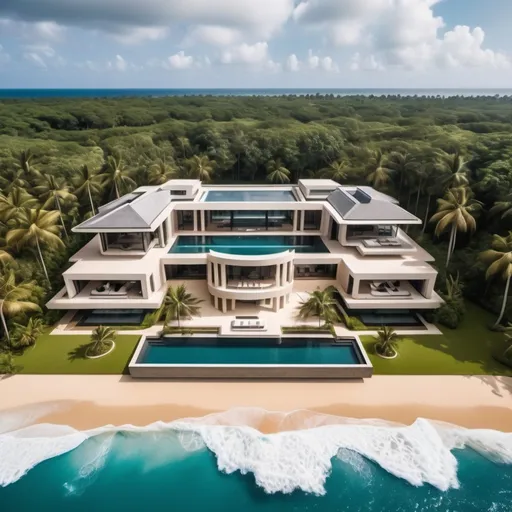 Prompt: dream mansion by a tropical beach 100 million dollars bird's eye view modern