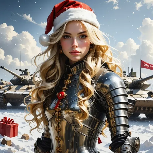 Prompt: Gere a foto de uma personagem sensual, loira de cabelos longos e esvoaçantes, pronta para a guerra, usando armadura. Adicione um gorro natalino e detalhes que remetam ao natal. No cenário coloque vários presentes e tanques de guerra.
Adicione uma faixa escrito “DAG • PABLY”
Essa foto será usada com pfp de jogo.
Não quero um personagem estilo anime.