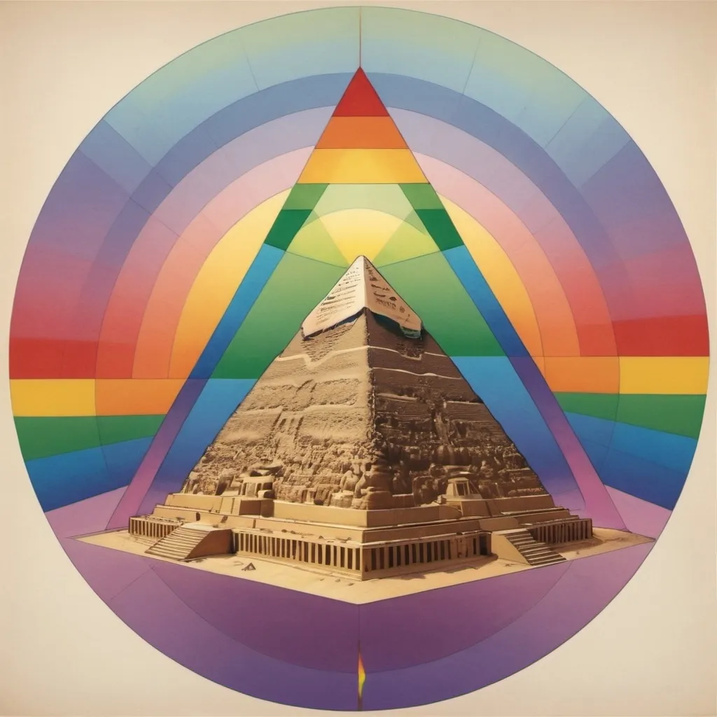 Prompt: Make me an Egyptian pyramid with geometric precision and sacred geometry showing a complete circular rainbow 
