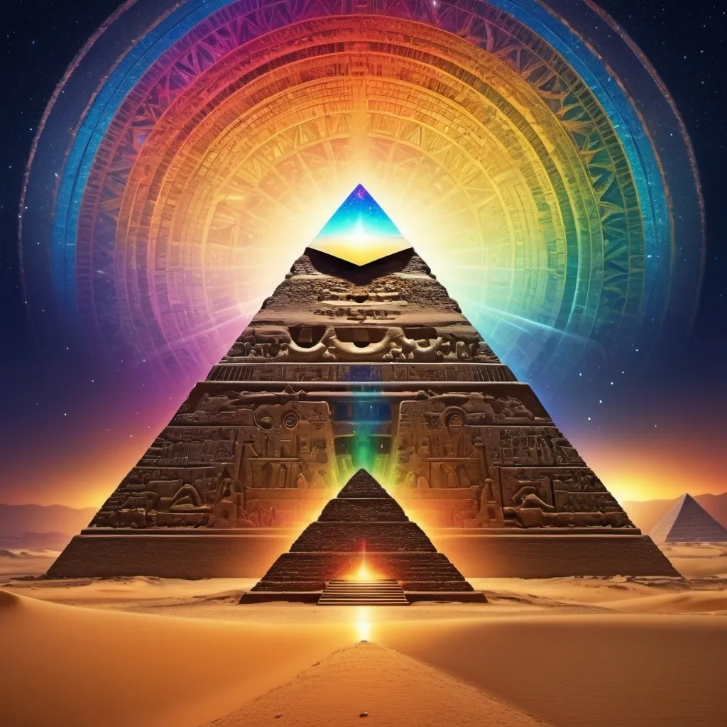 Prompt: Make me an Egyptian pyramid with geometric precision and sacred geometry showing a complete circular rainbow 
